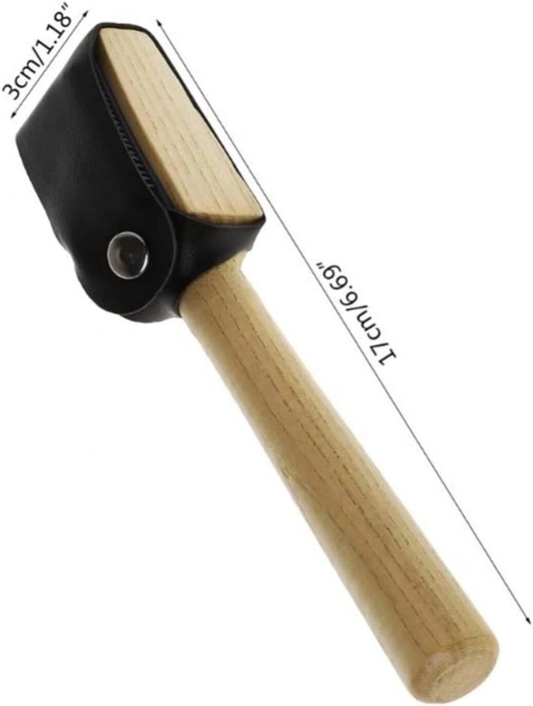 Wooden dance mallet with a leather grip for training.